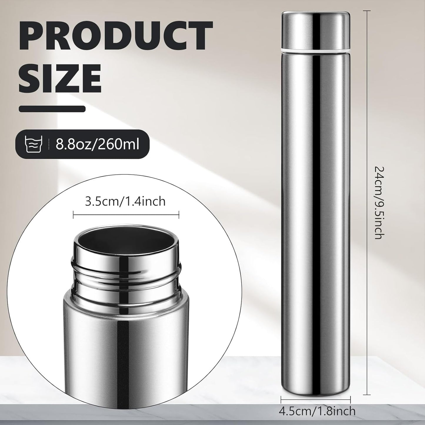 Vesici Slim Water Bottle 8.8 oz Small Stainless Steel Purse Compact Insulated Water Bottles Camping Travel Backpack Pocket Flask for Car Cold Coffee Tea(Silver,4 Pack)