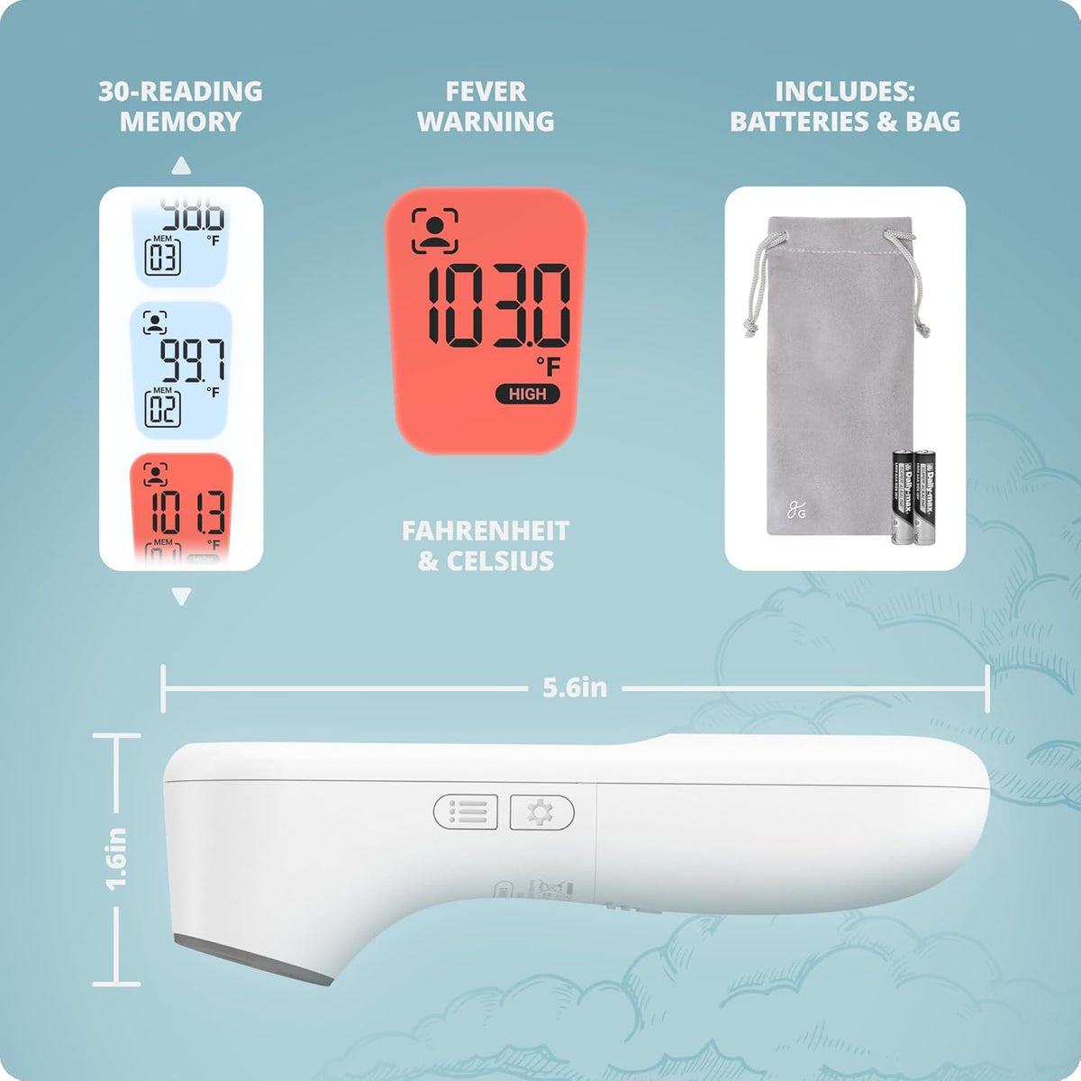 Greater Goods No-Touch Infrared Digital Thermometer for Adults, Kids, and Babies, Forehead Thermometer with Ergonomic Grip, Fever Alarm, White