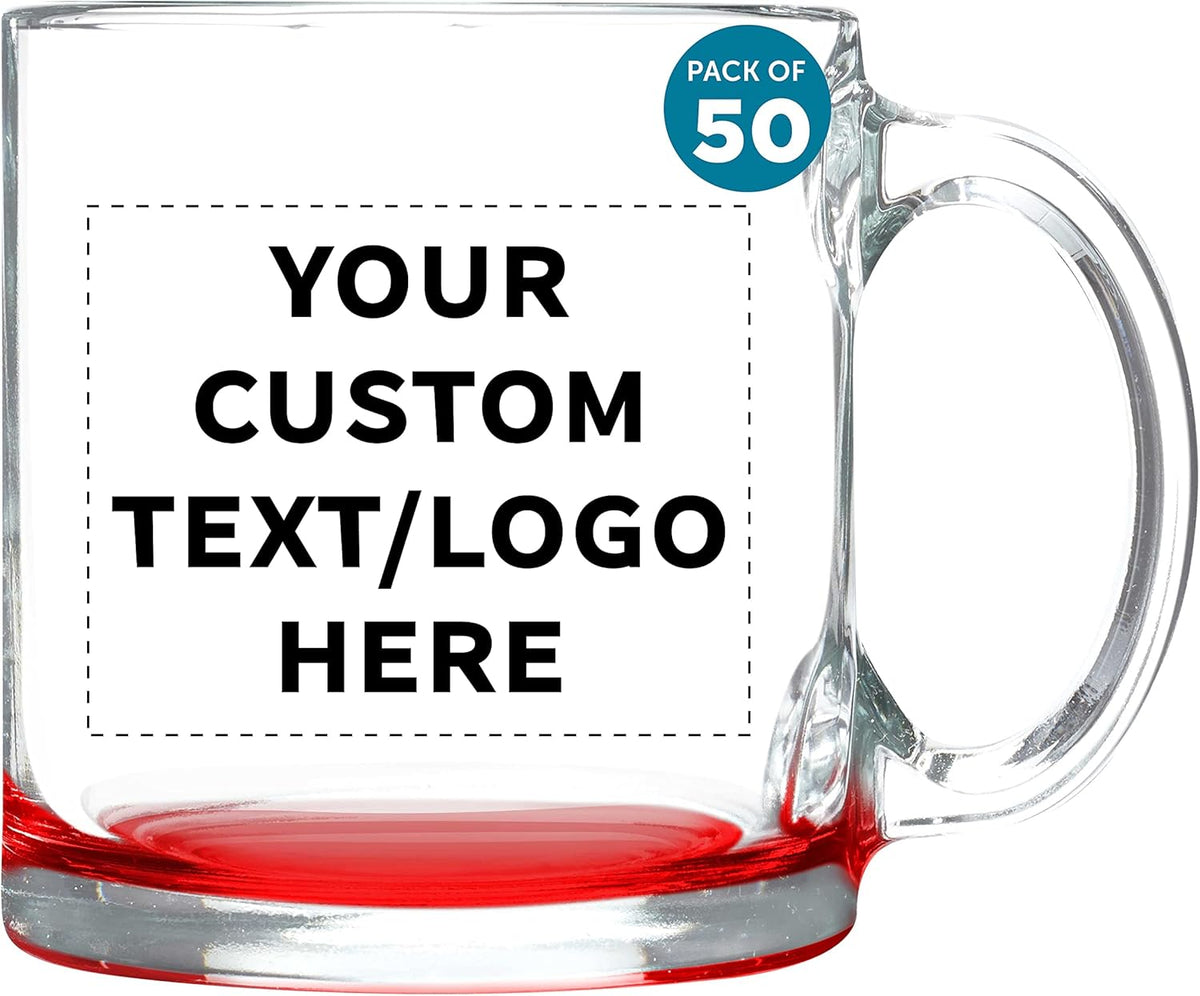 Custom Libbey Clear Glass Coffee Mugs 13 oz. Set of 50, Personalized Bulk Pack - Perfect for Coffee, Tea, Espresso, Hot Cocoa, Other Beverages - Red Bottom