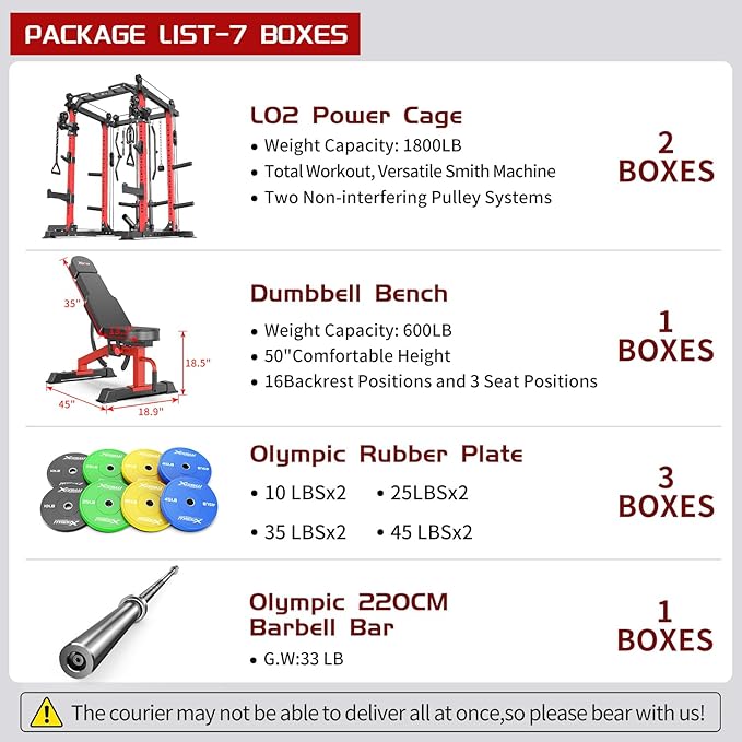 Power Cages Multi-Purpose Squat Rack with Cable Crossover System, Matching Weight Bench, Olympic Barbell Weight Set for Garage and Home Gyms
