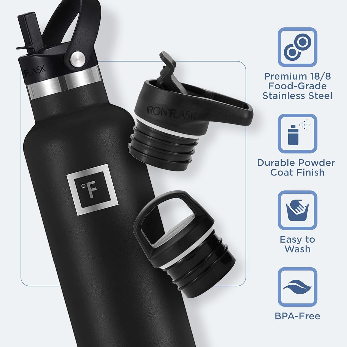 IRON °FLASK Camping & Hiking Hydration Canteens - 3 Lids (Narrow Straw Lid) Leak Proof Vacuum Insulated Stainless Steel - Hot & Cold Double Walled Sports Water Bottle - Sage, 24 Oz