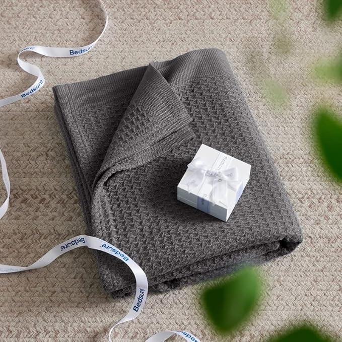 Bedsure 100% Cotton Blanket Twin XL Size for College Dorm - Breathable and Soft, Waffle Weave Twin Blanket for Summer, Dorm Room Essentials, Dark Grey, 66x90 inches