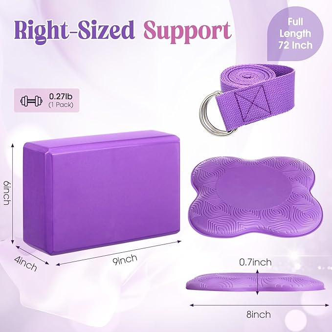 5 Pcs Yoga Blocks Knee Pads Yoga Strap Set Soft Premium Foam Blocks Accessories for Pilates Meditation General Fitness Stability, Kneeling, Balance, Deepen Stretches and Toning