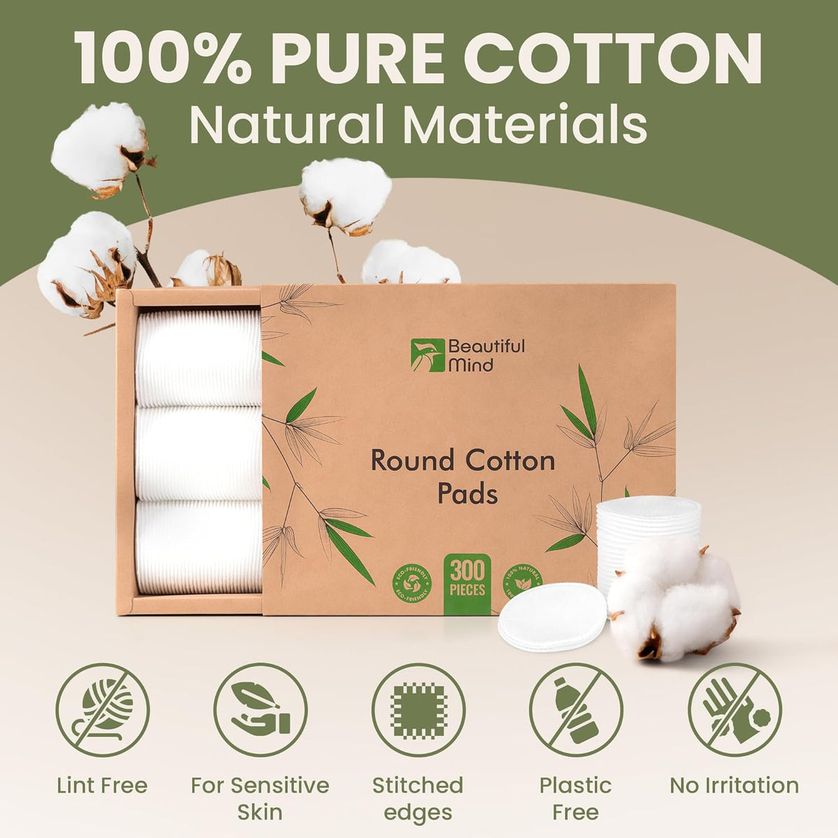 Cotton Round Pads for Face 300 Pack - 3 Layer Eye Makeup and Nail Polish Remover - Lint Free Cleansing Circle Pad for Facial Exfoliating, Toner - Travel Size Skin Care Rounds