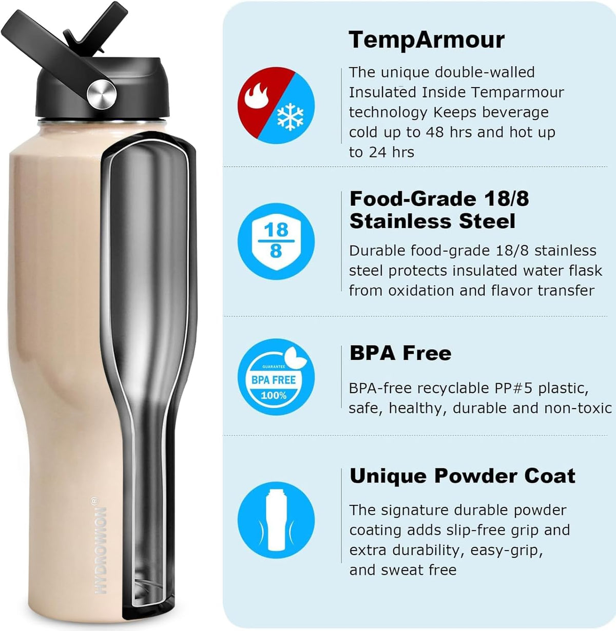 HYDROWION 40 oz Insulated Water Bottle with Straw fit in Car Cup Holder(Cold 48 hrs, Hot 24 hrs) Drinking Bottle with Straw Lid, Spout Lid and Flex Cap Leakproof Travel Thermo Mug，Laser Pink