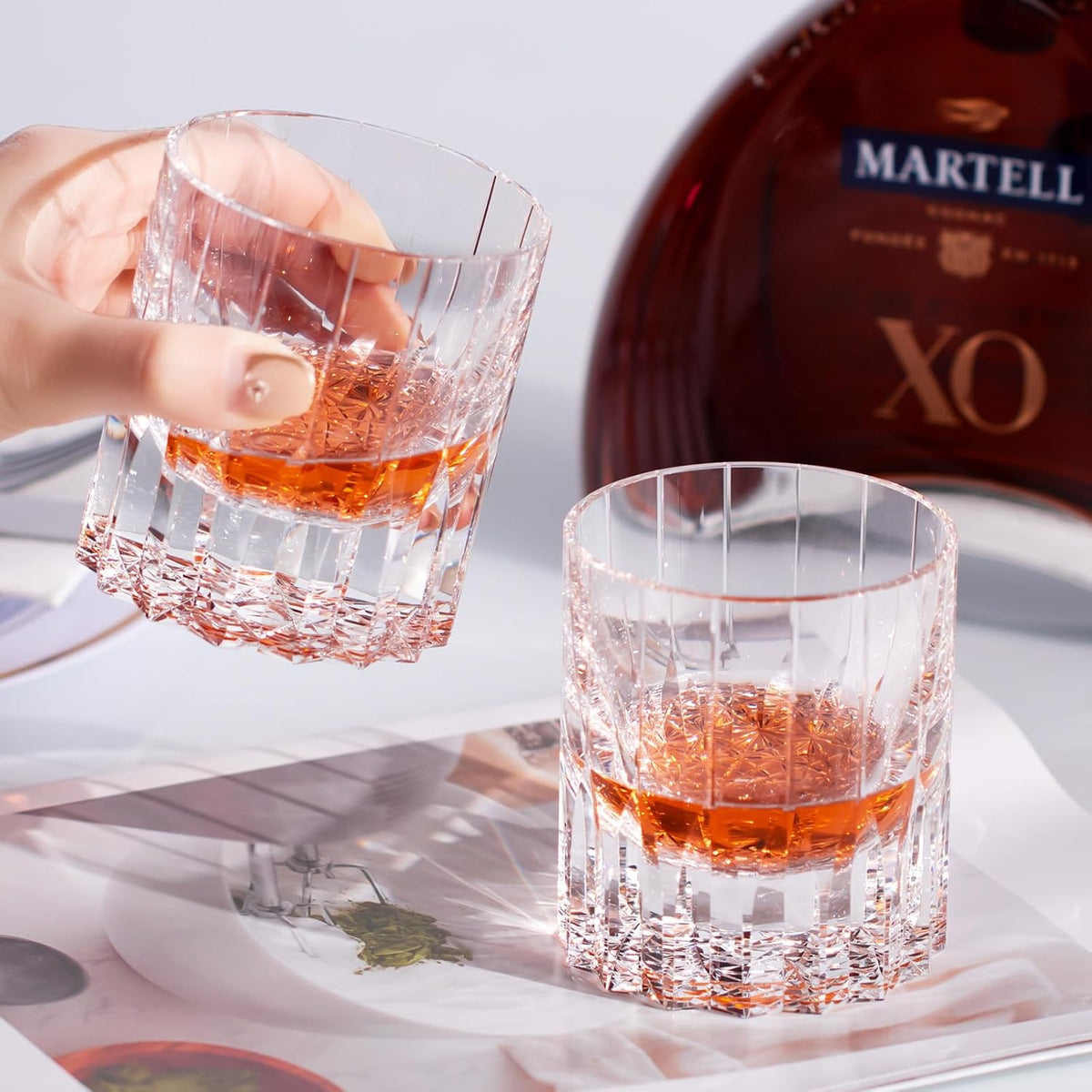 KAMMAK Crystal Whiskey Glasses Set of 2, 7.27oz Old Fashioned Glasses Stemless, Hand Blown White Cocktail Glasses, Engagement Gifts for Couples, Women, Men