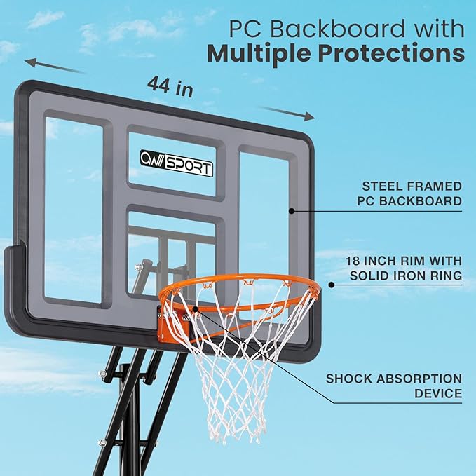 Basketball Hoop Outdoor 44-48Inch Impact Backboard, 5.3-10FT Height Adjustable Basketball Hoop Goal System with Portable Wheels for Adults