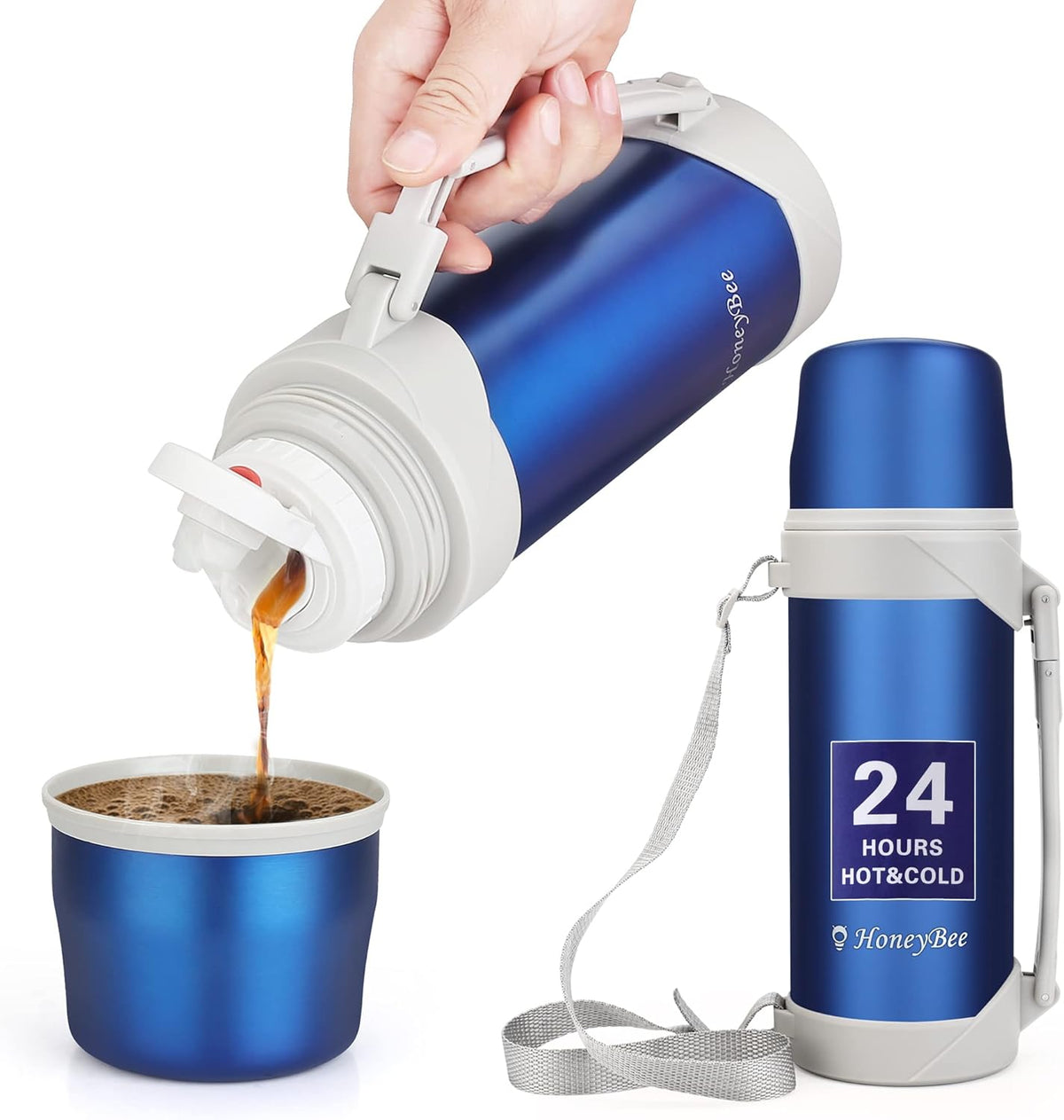 HoneyBee Hot Drinks Keeps Liquid Hot or Cold for Up to 24 Hours Thermos 41 Ounce Coffee Thermos 18/8 Stainless Steel Bpa-Free Insulated Flask，Flask for Hot Water (Blue)