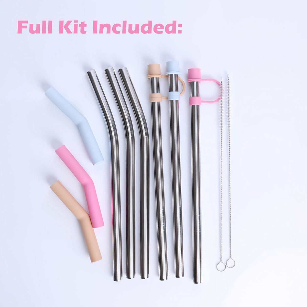 Stainless Steel Straws with covers fit Stanley 14oz & 20oz tumbler, Reusable 8.6 Inch Straw with Silicone Tips & Cover Caps, Compatible with Stanley Quencher H2.0 (6 Pack: 3 Bent + 3 Straight)