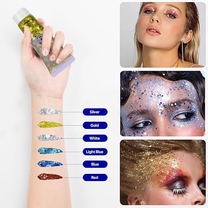 Body Glitter Gel, Face Shimmer Glitters for Women Girls, Long Lasting Sparkly Makeup for Birthday Christmas Festivals, Nails Hair Eyeshadow Paint Accessory (Silver)