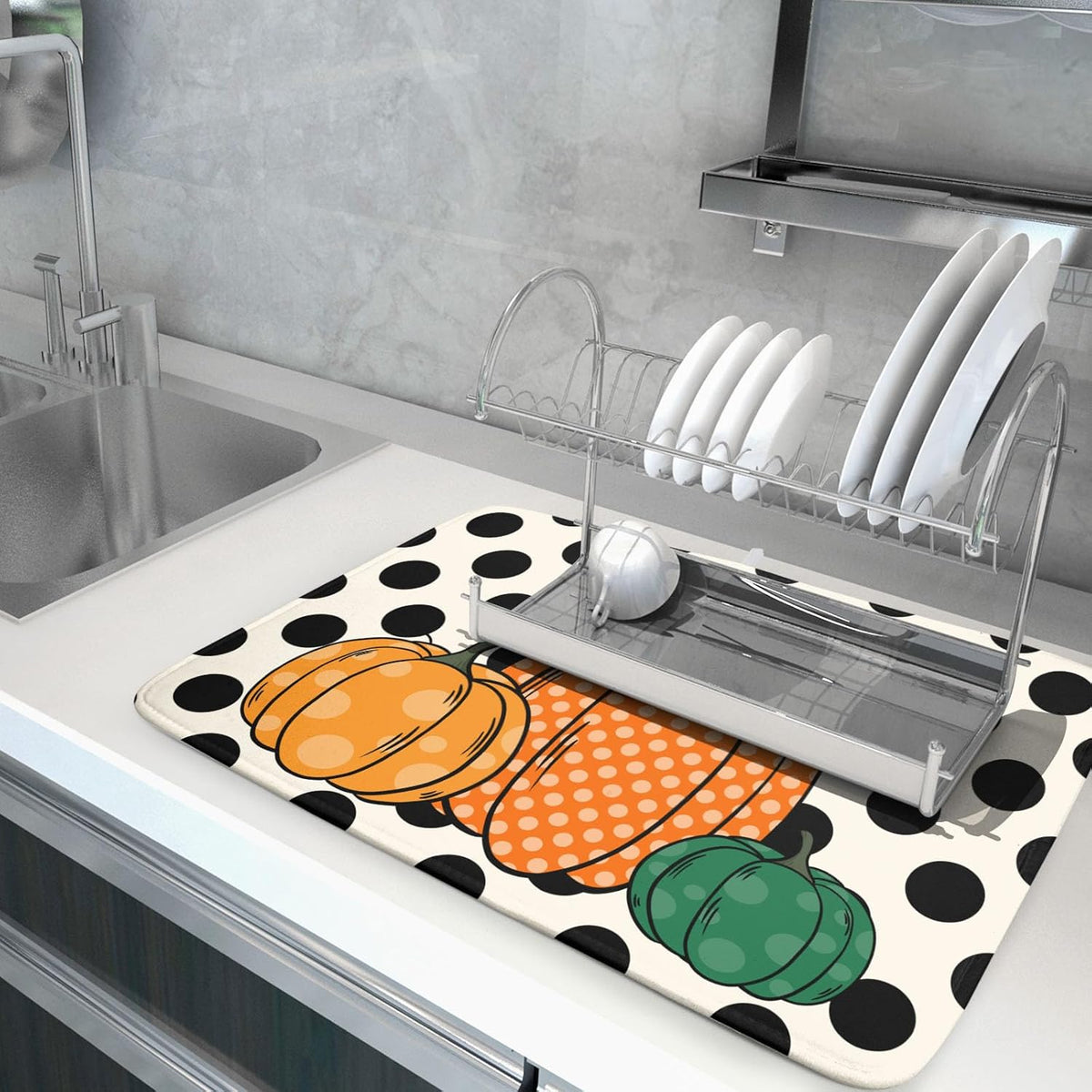 Autumn Pumpkin Dish Drying Mat for Kitchen Counter,Black Round Dot Decoration Drying Mat 18 x 24 Inch with Absorbent Reversible Microfiber Dish Drying Pad Dish Rack Drainer Mat for Coffee Bar