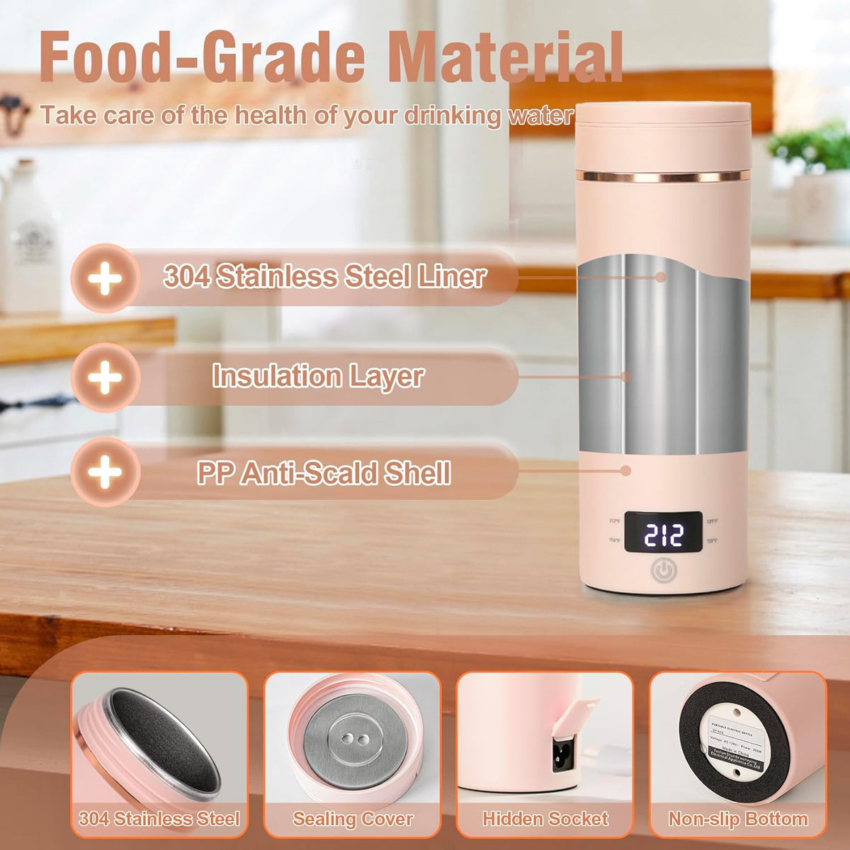 Travel Electric Kettle Portable Mini Kettle,Small Hot Water Boiler with 4 Temperature Settings,304 Stainless Steel,Fast Boiling Water with Auto Shut-Off and Boil Dry Protection (Pink, 400ml)