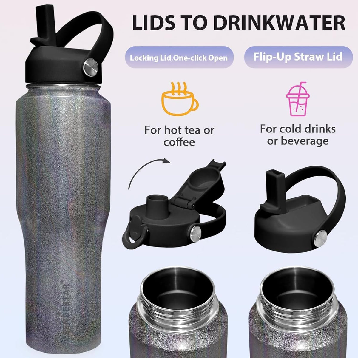 SENDESTAR 40oz Stainless Steel Water Bottle(Cold for 48 Hrs, Hot for 24 Hrs),Double Wall Vacuum Insulated Bottle with Straw Lid, Spout Lid and Flex Cap, Fit in Any Car Cup Holder TXIN-40-Laser Grey