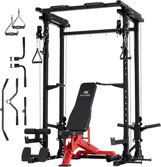 MAJOR FITNESS Drone3 Power Rack, Multi-Function Home Gym Squat Rack with Pull-Up Bar, Cable Crossover & J-Hooks, Heavy-Duty Steel Frame for Maximum Stability & Strength Training