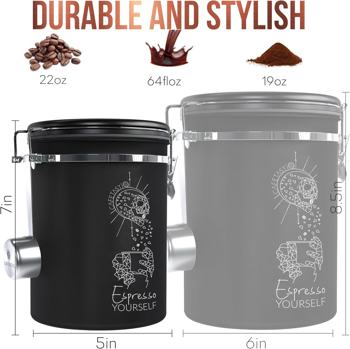 Coffee Canister – Airtight Stainless Steel Storage Container with Date Tracker & Scoop, Sealed Jar for Grounds, Beans, Tea, Flour, Cereal, and Sugar (Black Esspresso, 22OZ)
