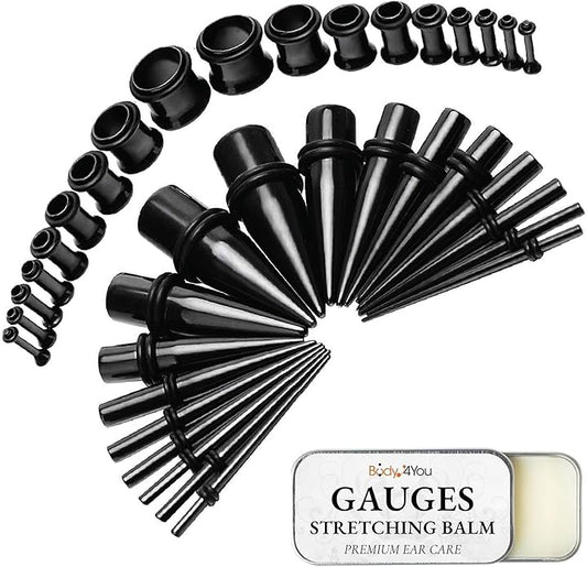 BodyJ4You 37PC Ear Stretching Kit - Beginner Gauges 14G-00G Starter Set - Aftercare Balm Wax - Steel Tapers Single Flare Plugs Screw Fit Tunnels - Women Eyelet Mens Earrings Expander Piercing Jewelry