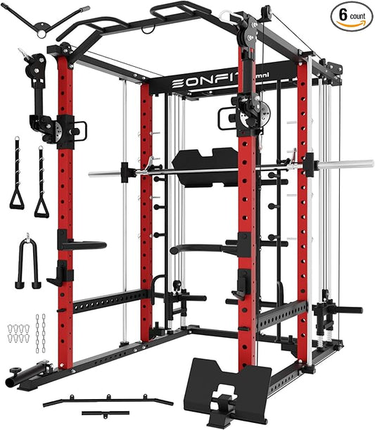 Eonfit E5 Smith Machine with Vertical Leg Press, Power Cage Squat Rack with LAT-Pull Down Cable Crossover Rotating Arms System Home Gym Equipment All in One (E5 RED)