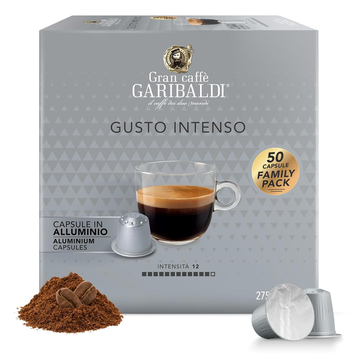 Gran Caffè Garibaldi Espresso Pods, Italian Roasted Coffee, Compatible Nespresso Original Line Machines, Nitrogen Flushed, Strong & Intense, Cocoa & Dried Fruit, Dark Roast - Gusto Intenso (Aluminum) 50 Cups