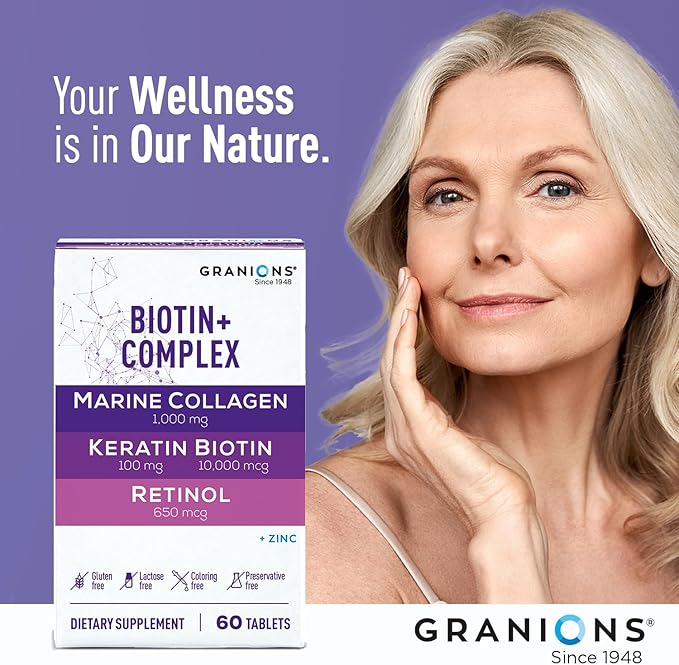 Biotin Collagen Keratin Supplement Hair Growth Tablets – Biotin 10000mcg, Marine Collagen Peptides, Keratin, Retinol, Zinc, Vitamin B6 - Hair, Skin and Nails Complex for Women and Men – 60 Tablets