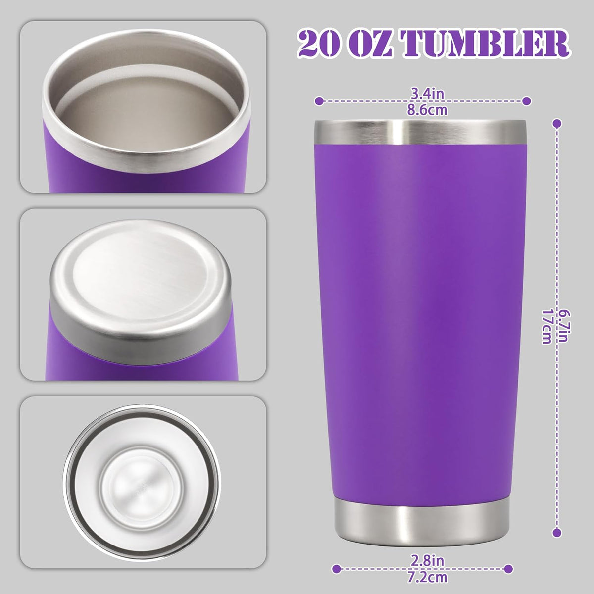 20 oz Tumbler with lid Double Wall Vacuum Insulated Tumblers Stainless Steel Coffee Mug Travel Coffee Tumbler Powder Coated Tumbler Cup Keep Hot&Cold - (PurPle 12 Pack)