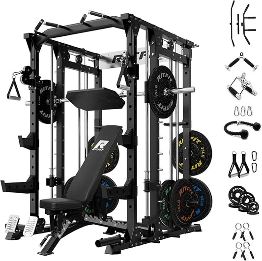 RitFit Smith Machine Power Cage with LAT Pulldown & Cable Crossover, All-in-One Power Rack Home Gym System with Leg Press Attachment & Accessories