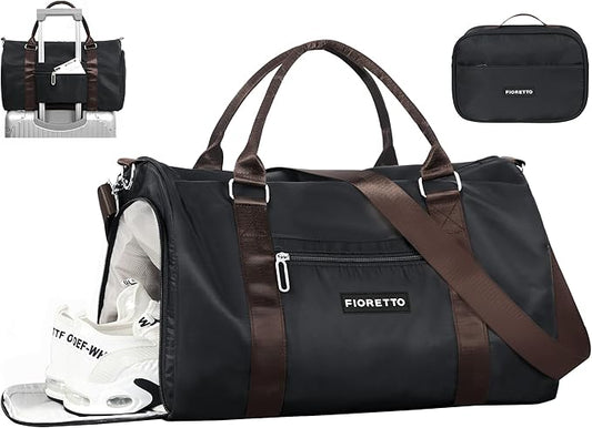 FIORETTO Womens Gym Tote Duffle Bag with Toiletry Bag, Sports Duffel Overnight Hospital Workout Carry on Bag for Girls with Wet Pocket & Shoe Compartment, Ideal for Travel, Swimming, Black & Brown