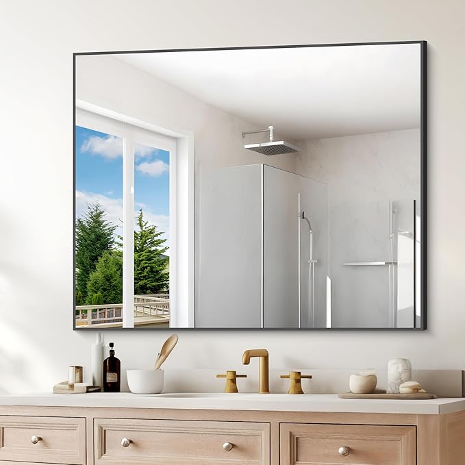 Black Bathroom Mirror for Wall, 30x36 Inch Rectangle Mirrors with Metal Frame, Modern Vanity Wall Mirror Decor for Entryway Hangs, Bathroom Living Room Horizontal or Vertical