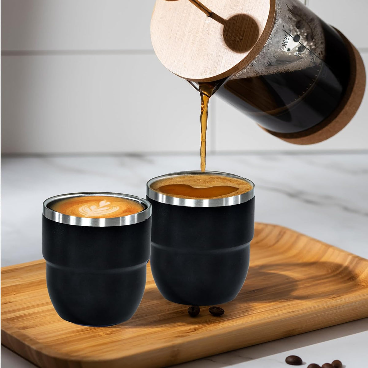 4oz Stackable Cup, Vacuum Insulated Espresso Cup Set of 2, Espresso Shot Glass for Coffee, Double Wall Stainless Steel Mini Tumbler Shot Glasses with Straw and Lid (A-black2P, 4oz)