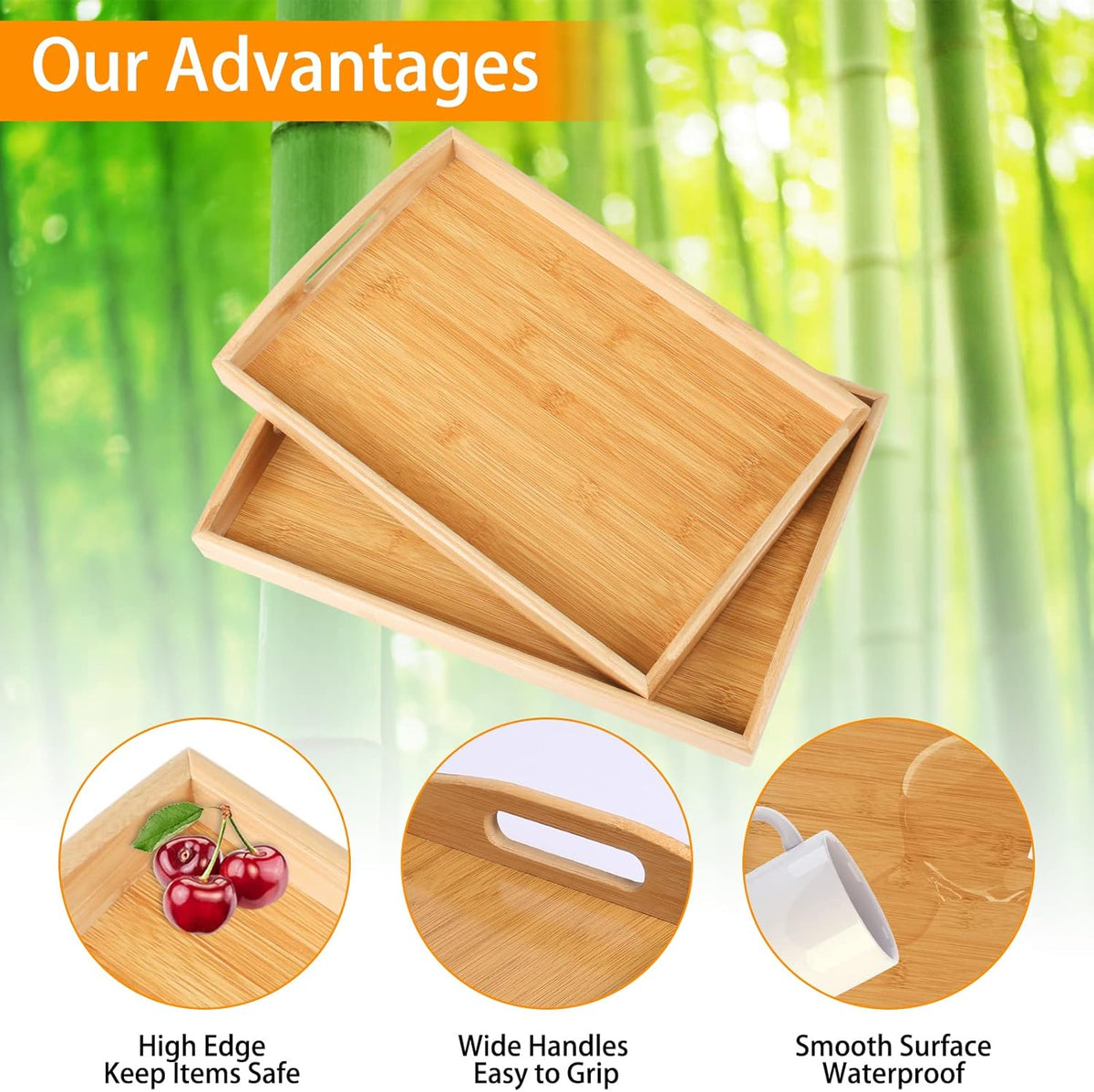 2 Pack Bamboo Serving Tray with Handles, Portable Bed Tray for Breakfast Dinner, Eating Trays for Living Room,Restaurants
