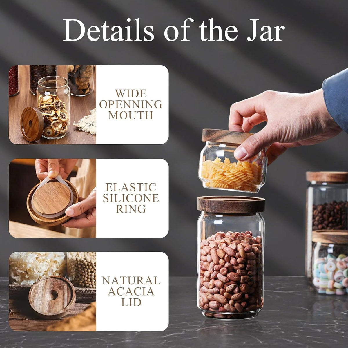 Glass Jars with Airtight Wood Lids - 34 oz Large Kitchen and Pantry Storage Containers, Canisters for Spaghetti, Noodles, Pasta, Ground Coffee, Sugar, Cereal, Set of 2
