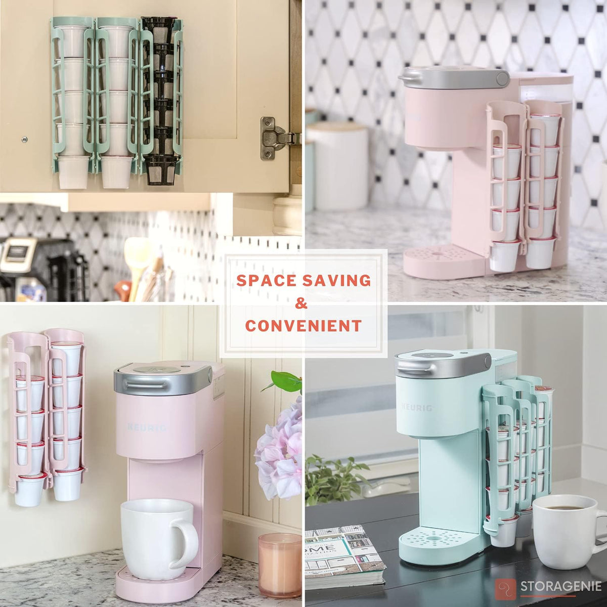 STORAGENIE Coffee Pod Holder for Keurig, Side Mount K Cup Storage, Perfect for Small Counters (2 Rows/For 10 K Cups, PINK)