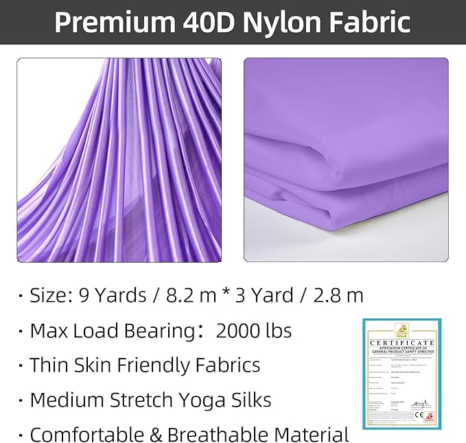 PRIOR FITNESS Aerial Silks Kit Colorful 9/15/20 Yards 40D Nylon Fabric Hammock Set With Hardware & Guide for All Levels Of Aerial Yoga Practice and Acrobatic Flying For Adults Aerial silk