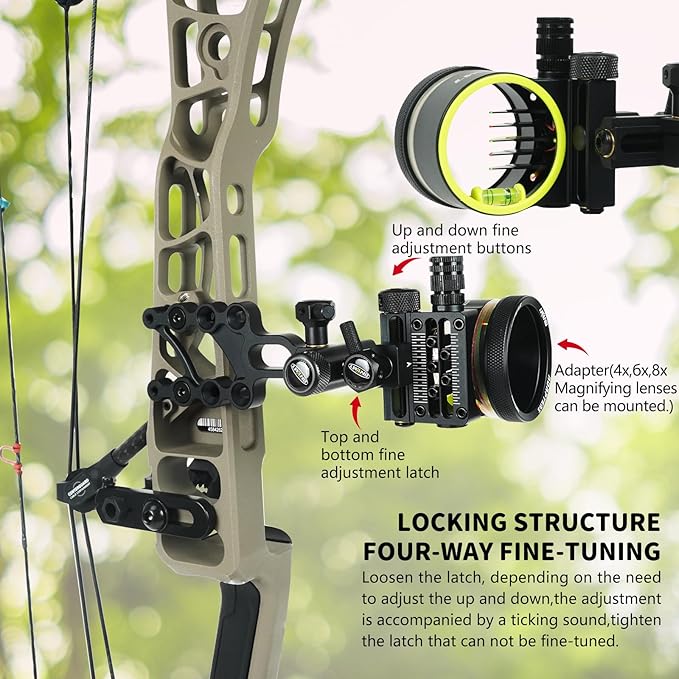 Archery 5-Pin Bow Sight - 0.019" Fiber, Brass Pin, Aluminum Machined - Right and Left Handed, with Hi-Vis Level for Archery, Hunting, Shooting