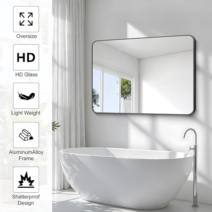 36x48 inch Bathroom Mirror,Black Rectangle Mirror,Wall Mounted Bathroom Frame Vanity Mirror with Round Corner for Bedroom Living Room, Entryway Hangs Horizontal or Vertical