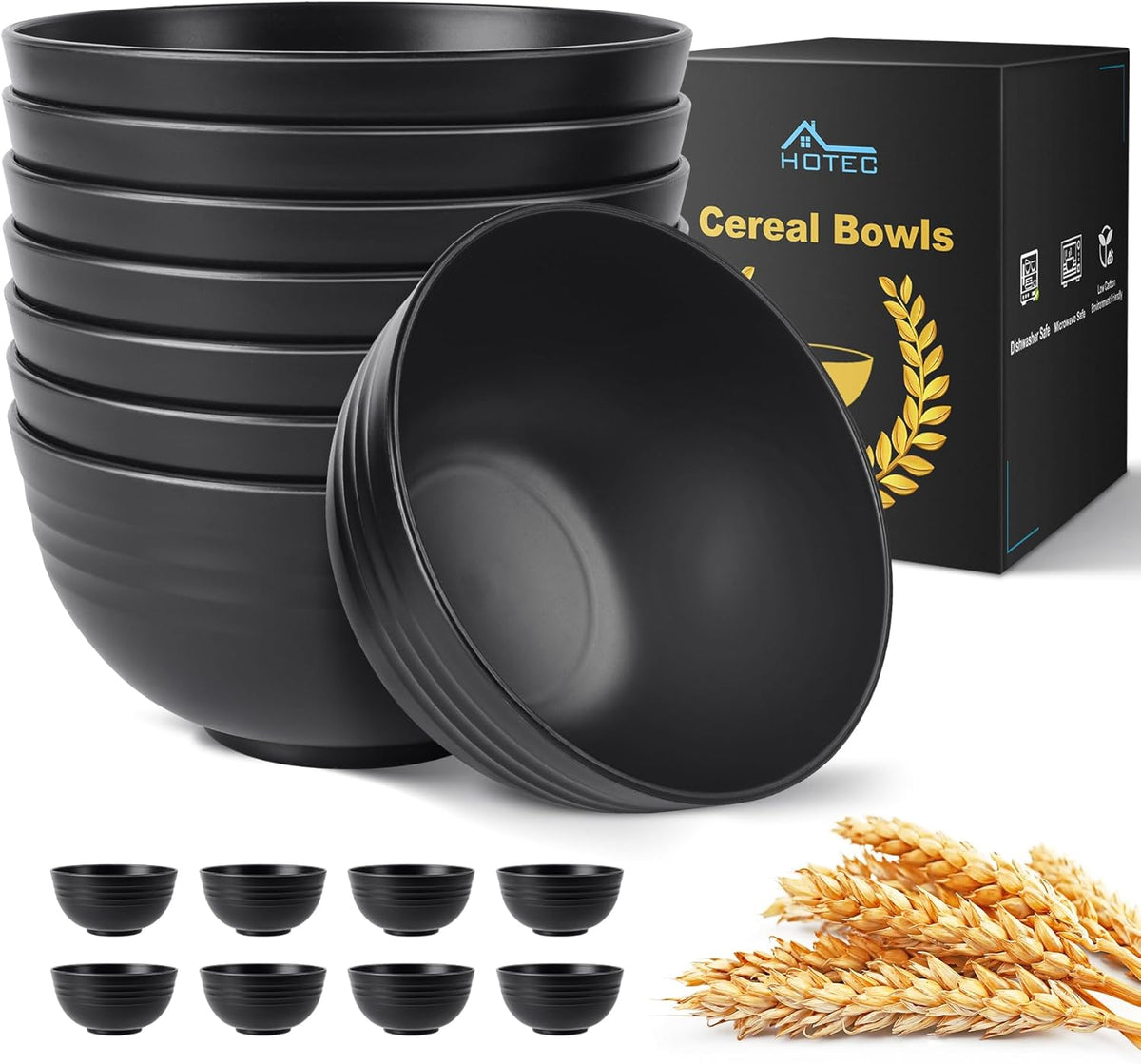 HOTEC BPA Free Unbreakable Wheat Straw Cereal Bowls - Microwave & Dishwasher Safe Soup and Salad Bowls, Set of 8, 26oz, Black