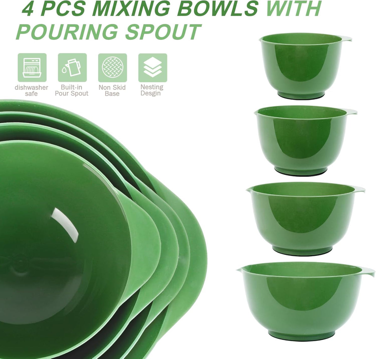 BoxedHome 4 Quart Large Plastic Mixing Bowls, Microwave Safe Mixing Bowl Set with Pour Spout, Nesting Bowls for Space Saving Storage(Grass Green)