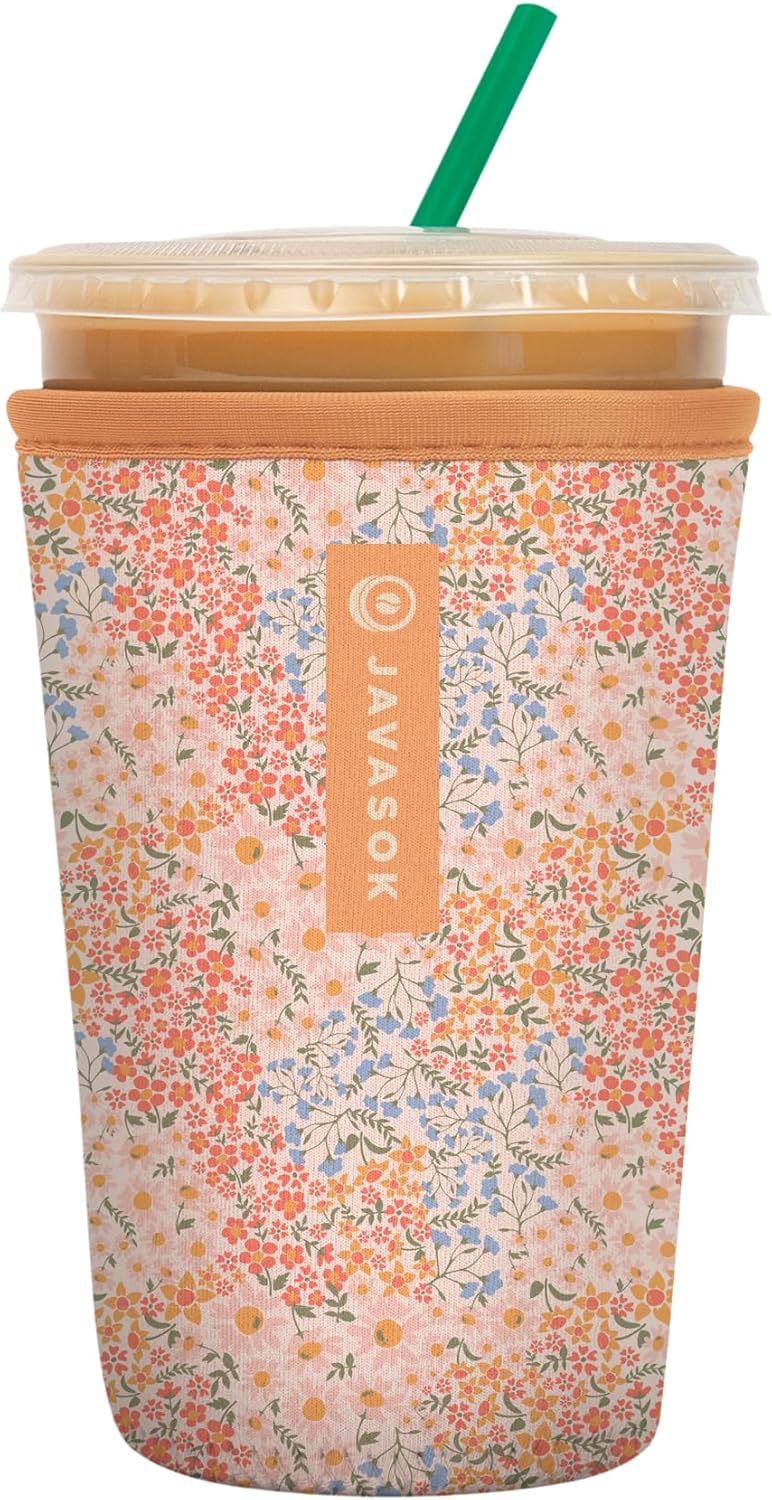 Sok It JavaSok Iced Coffee & Cold Soda Insulated Neoprene Cup Sleeve (Dainty Florals, Medium: 22-28oz)
