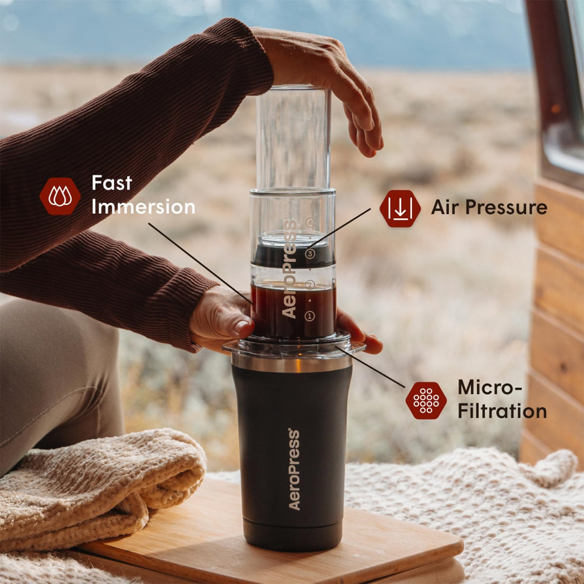 AeroPress Go Plus, Small Portable Coffee Maker for Travel & Camping - 3 In 1 Brew Method Combines French Press, Pourover, Espresso, Full Bodied Coffee without Bitterness, Coffee Press Kit - Black