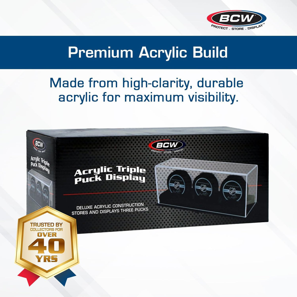 BCW Acrylic Hockey Puck Display Case - 3 Pack | Deluxe Puck Holder with Black Base & Clear Cover | Perfect for Regulation-Sized Hockey Pucks | High Clarity Acrylic
