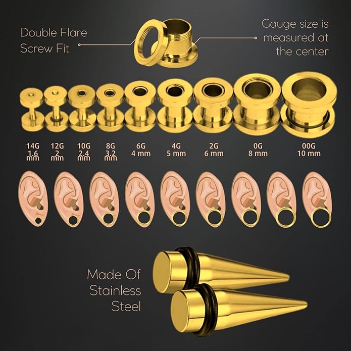 BodyJ4You 37PC Ear Stretching Kit - Beginner Gauges 14G-00G Starter Set - Aftercare Balm Wax - Steel Tapers Single Flare Plugs Screw Fit Tunnels - Women Eyelet Mens Earrings Expander Piercing Jewelry