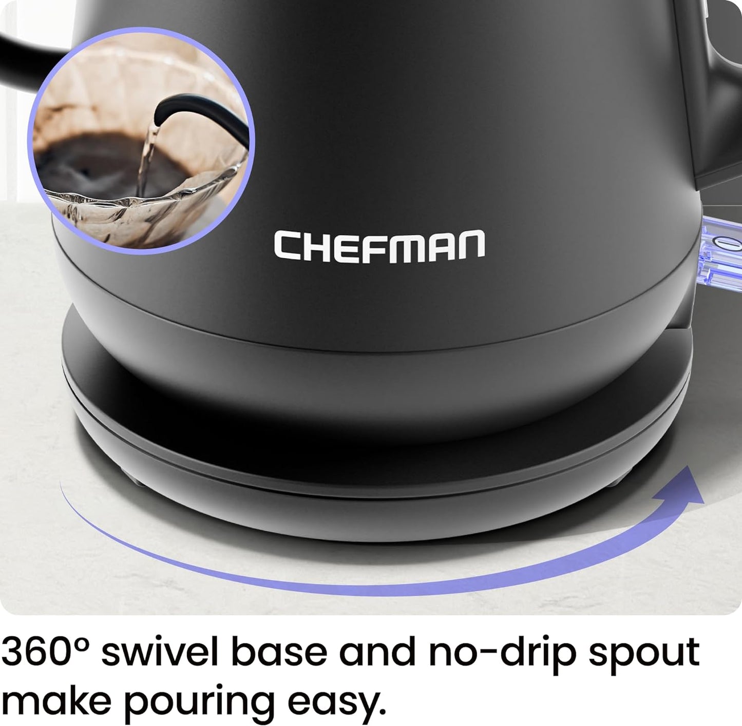 Chefman Gooseneck Electric Kettle, 0.8L Pour Over Tea Kettle for Coffee and Tea, One-Touch Operation, Boil-Dry Protection, Auto Shut-Off, Ultra-Fast Hot Water Boiler – Black