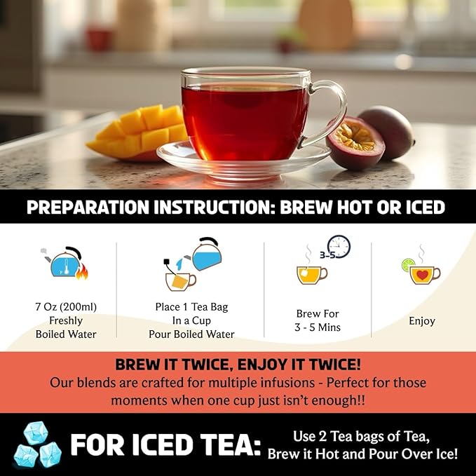 BREWIX, Mango Passion Fruit Herbal Tea Bags – 25 Plant-Based Pyramid Bags | Iced or Hot | Hibiscus, Citrus Peel, Lemongrass | Caffeine-Free & Naturally Uplifting Wellness Brew