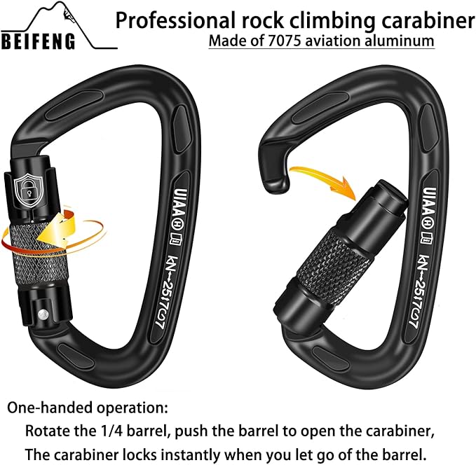 BEIFENG 25KN Auto Locking Carabiner - UIAA Certified Heavy Duty Climbing Carabiners for Rock Climbing, Camping, Rappelling, Hunting, Rescue Equipment - Professional Carabiner Clips (Black)