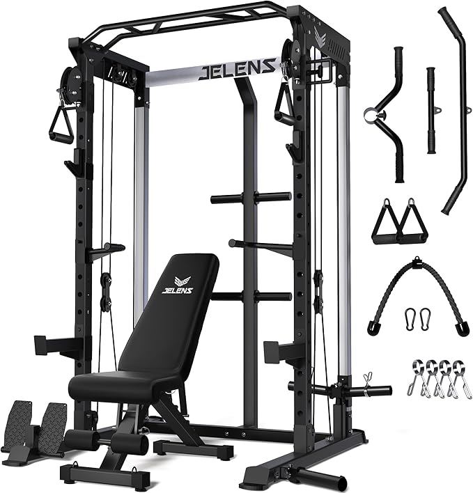 Power Cage, 2000LBS Multi-Function C21 Power Rack with Dual Pulley Cable Crossover System, All-in-One Squat Rack with More Training Attachments