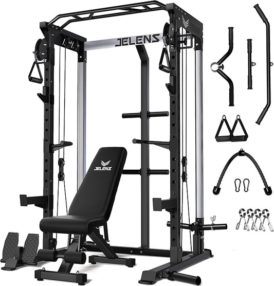 Power Cage, 2000LBS Multi-Function C21 Power Rack with Dual Pulley Cable Crossover System, All-in-One Squat Rack with More Training Attachments