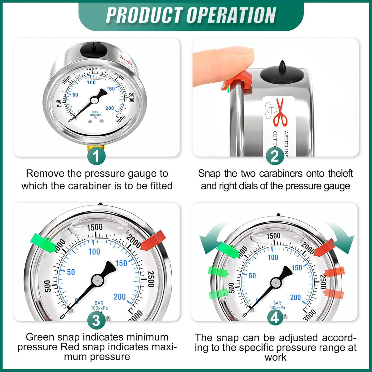 0-3000psi Stainless Steel 1/4" NPT 2.5" Dial, Glycerin Liquid Filled Pressure Gauge Lower Mount Designed for Pressure Testing of Water, Oil and Air (with Range Mark Pointer)