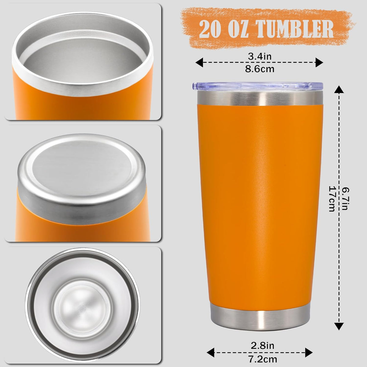 20 oz Tumbler Coffee Tavel Tumblers Bulk with Lid Stainless Steel Double Wall Vacuum Insulated Mug Powder Coated Cups fit Car Cupholder for Hot and Cold - Orange, 1Pack