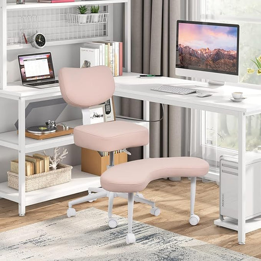 Meditation Chair Cross Legged ADHD Office Chair for Adults with Wheels Ergonomic Back Support and Leg Rest for Multi Position Criss Cross Sitting Kneeling and Yoga Height Adjustable, Leather Style