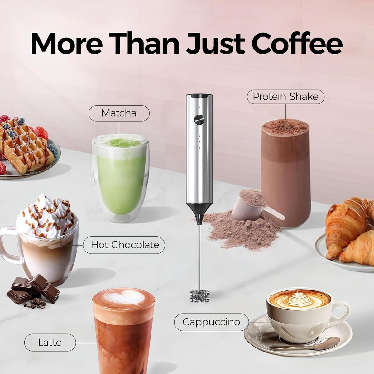 YARRAMATE Rechargeable Milk Frother Wand Handheld, 3 Speed Adjustable Electric Drink Mixer with 2 Whisks, Stainless Steel Stirrer for Coffee, Lattes, Protein Shakes, Matcha, Egg