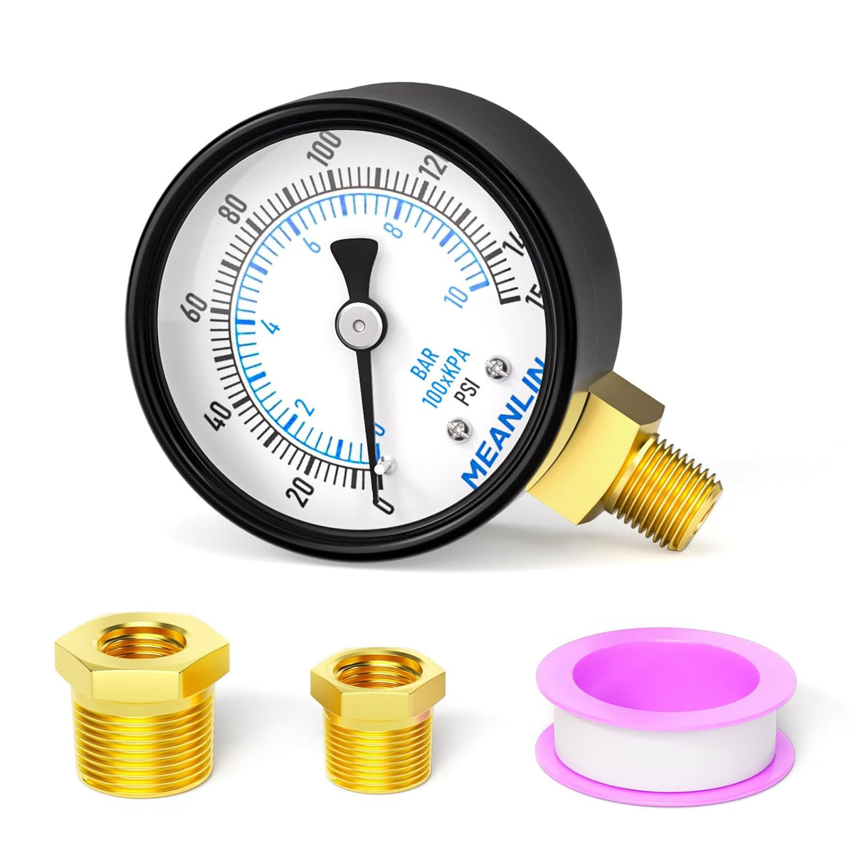 MEANLIN MEASURE 0-150Psi 2" DIAL FACE 1/8" NPT Well Pump Pressure Gauge, with 1/4" NPT and 3/8" NPT Hex Bushing, 3-2-3% Accuracy, Lower Mount